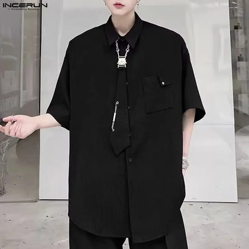 INCERUN الرجال قميص بلون التلبيب كم قصير زر ملابس الرجال عادية مع التعادل الشارع الشهير فضفاض بلوزات على الموضة الذكور القمصان #4