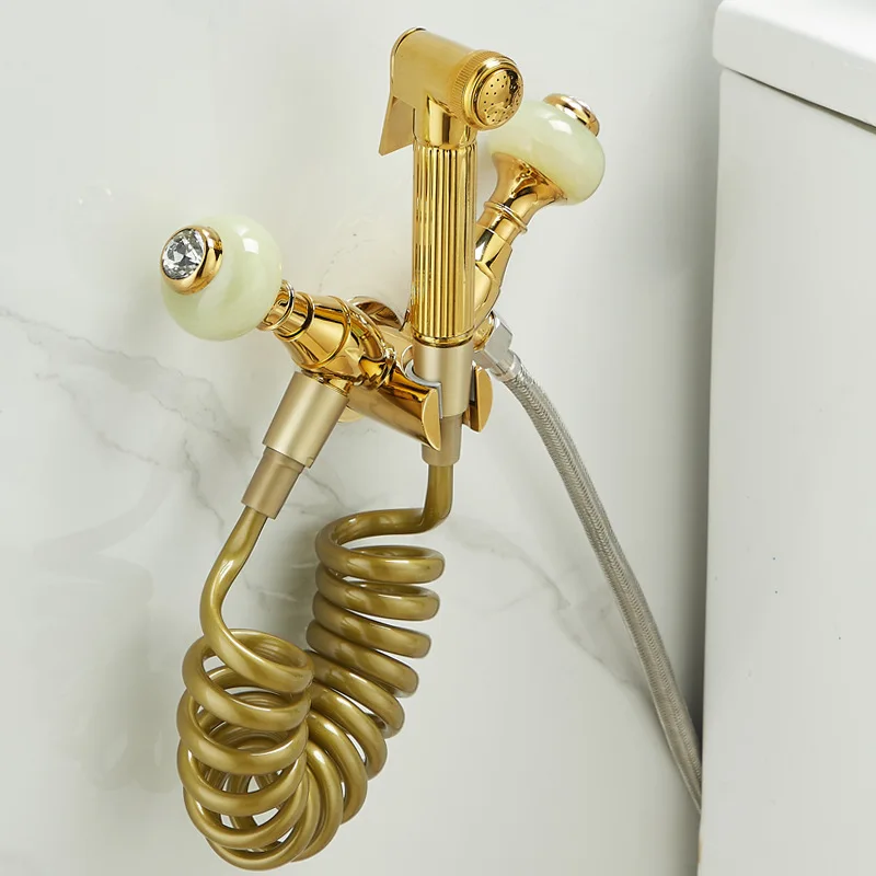 

Toilet Bidet Sprayer Set Brass Double Use Bidets faucets Gold Jade Bathroom Sprayer Shower Bidet Faucet High Pressure Gun Taps