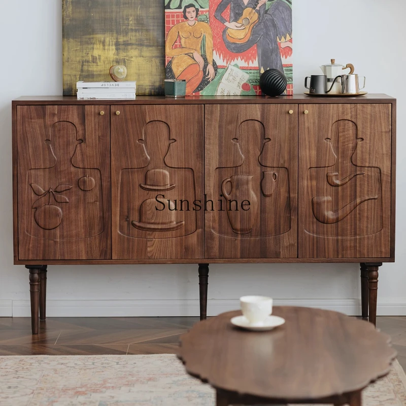 

Large capacity door retro storage locker black walnut solid wood relief cabinet