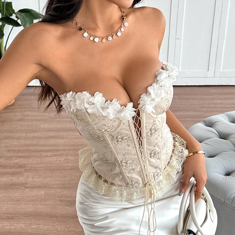OMSJ Vintage Elegant Lady Embroidery Floral Corset Crop Top Sleeveless Strapless Criss-cross Lace Up Contrast Bustier Party Vest