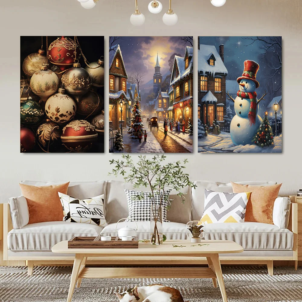 Merry Christmas Holiday Decorative Canvas Painting Nordic Santa Claus City Snow Scene Posters Living Room Wall Art Home Decor