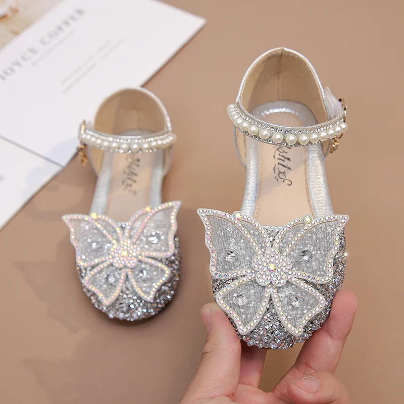 Baby Girls Princess Cute and Soft Lace Crystal Bow Beads Children's Dance Shoes Kids Fashion Student Cartoon Casual Sandals Prom