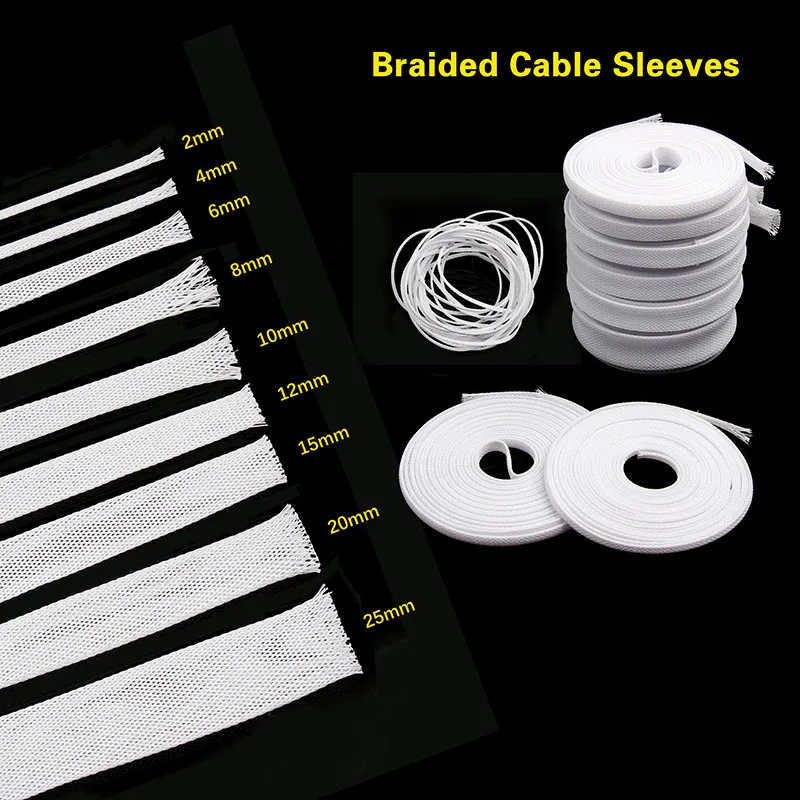 1/5/10/20M Insulated Braid Sleeving White Tight PET Wire Gland Cable Protection Expandable Cable Sleeve 2/4/6/8/10/12/15/20/25mm