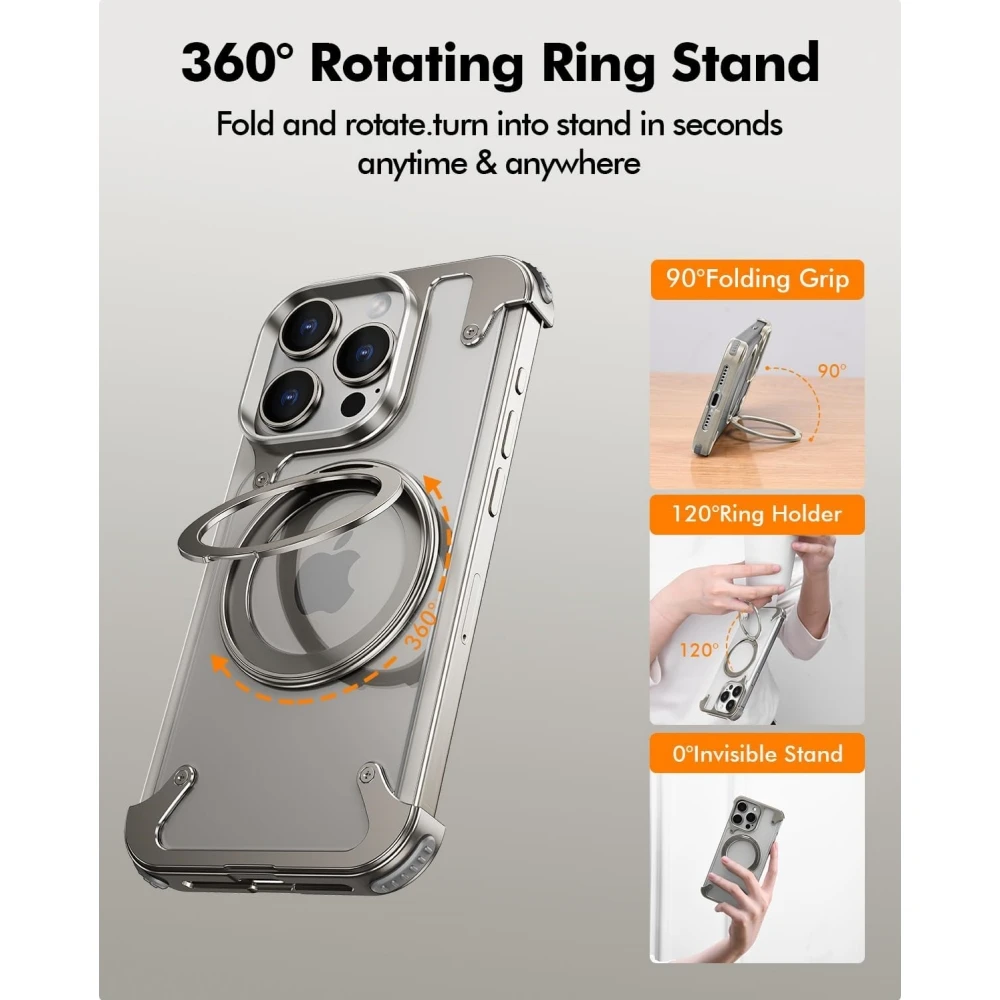 Natural Titanium Metal Frame Leather Case with 360 Degree of Rotatable Ring Holder for iPhone 15 Pro Max