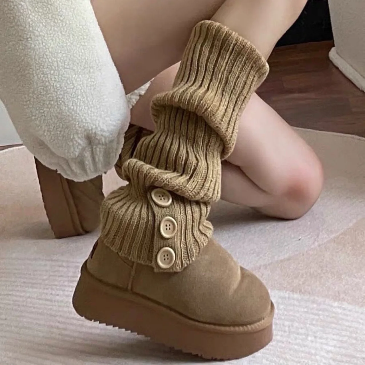 Socks Knitted Rad Autumn and Winter Warm Babes Pile Socks Buttons