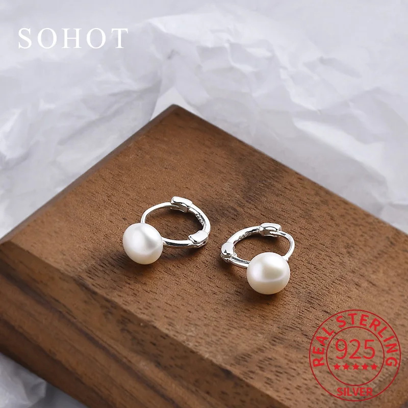 

Real 925 Sterling Silver Natural Freshwater Pearls Minimalist Round Hoop Earrings for Elegant Women Fine Jewelry Accessories