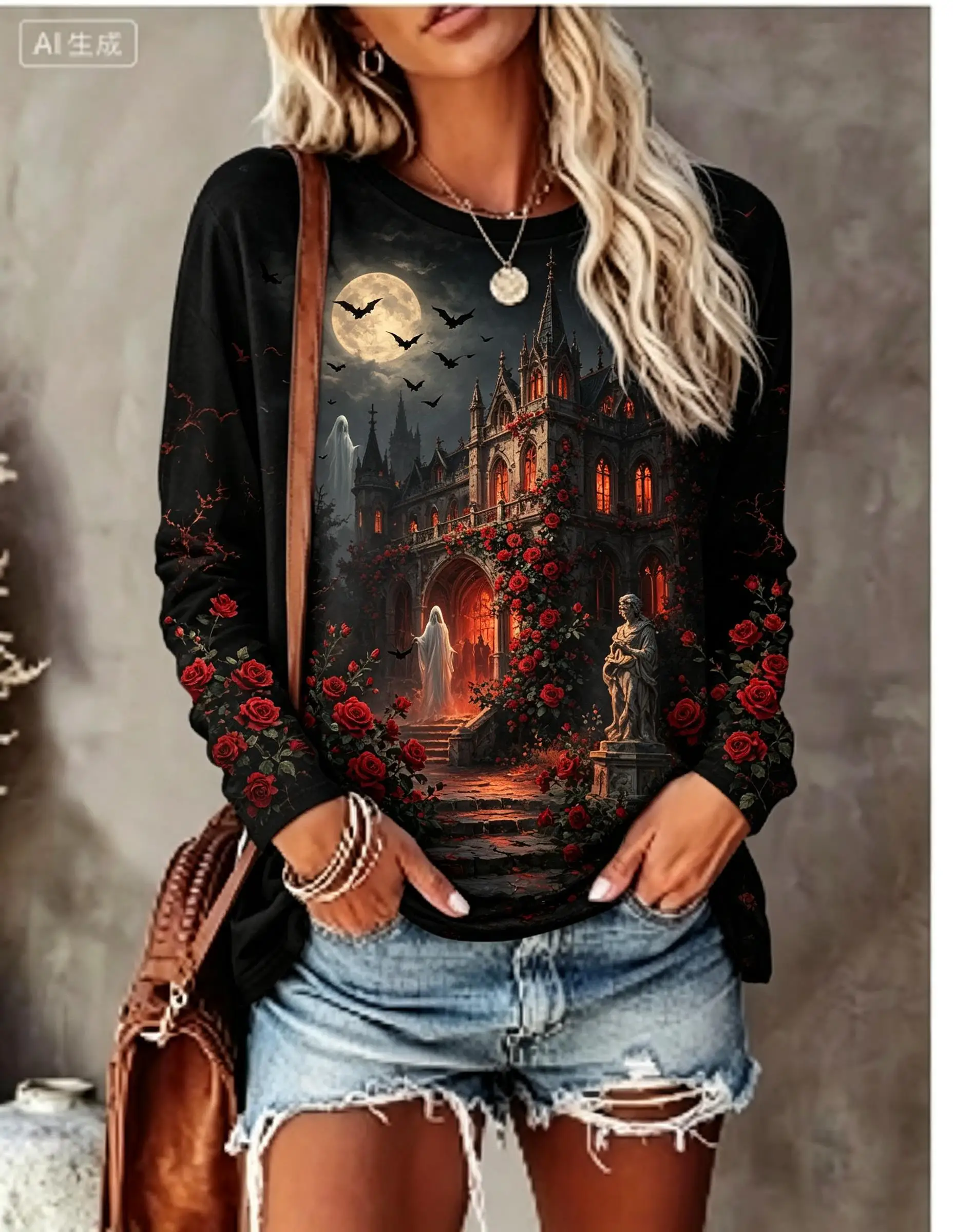 Women Halloween Long Sleeve T‑Shirt Haunted Castle Ghost Moon Raven Gothic Print Crew Neck Fall Tops