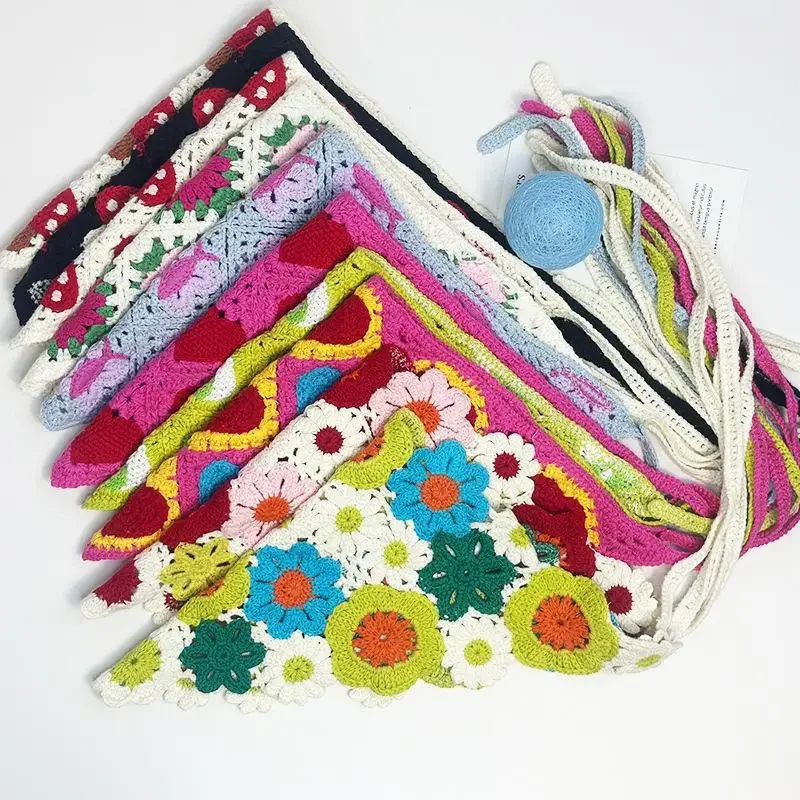 

Girls Knitted Triangle Scarf Pastorale Style Crochet Turban Floral Printed PhotoProp Headwear for Women Fashion Hair Accessories