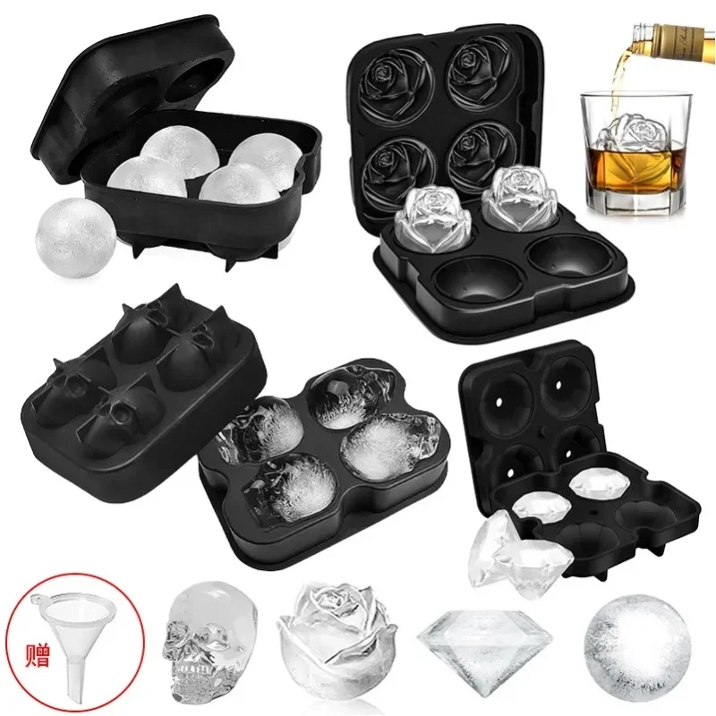 Einfach zu entnehmende Eiswürfelform aus Silikon für Whiskey-Partys, 3D-Kugeln, Totenkopf, Diamantform, wiederverwendbare Eiswürfelform