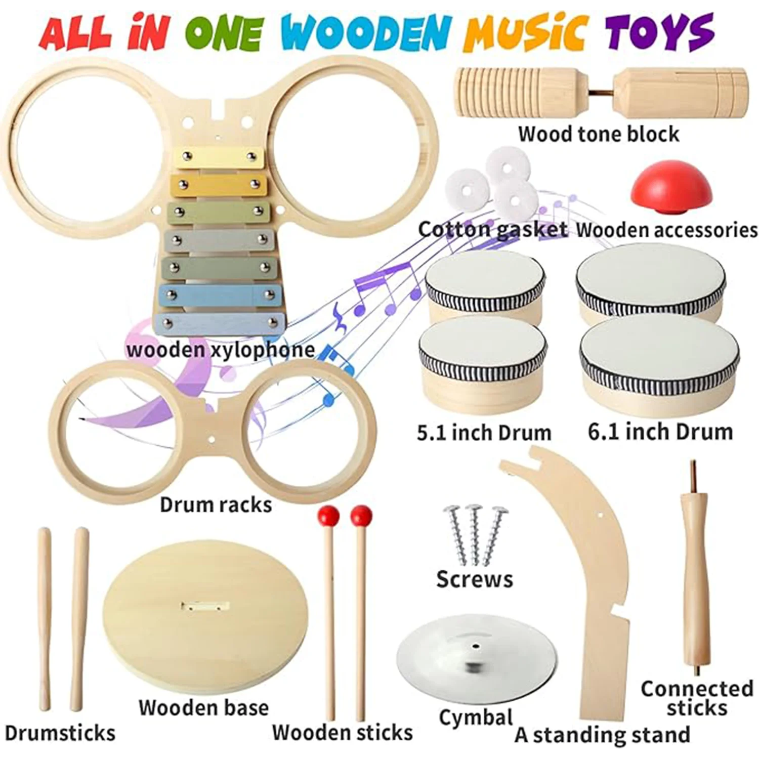 مجموعة طبلة للأطفال الصغار، مجموعة أدوات إكسيليفون الخشبية والآلات الموسيقية، 8 في 1 خشبية إكسيليفون موسيقية، ألعاب مونتيسوري للأولاد