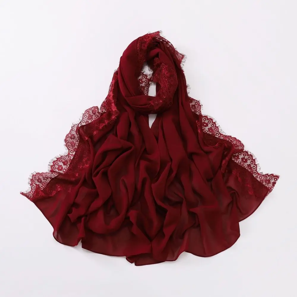 Vielseitiger Einfarbiger Seidenschal mit Spitzenkante Langer Chiffon-Hijab Weicher Atmungsaktiver Ramadan-Kopftuch Damen-Kopfbedeckung – Detail 2