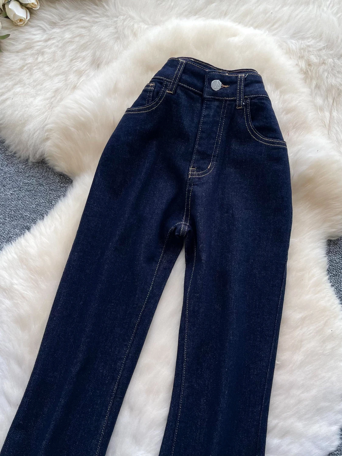 Retro High Waist Bell Bottom Jeans Women's Slimming Deep Blue Long Pants Versatile Autumn Fashion Medium Stretch Denim