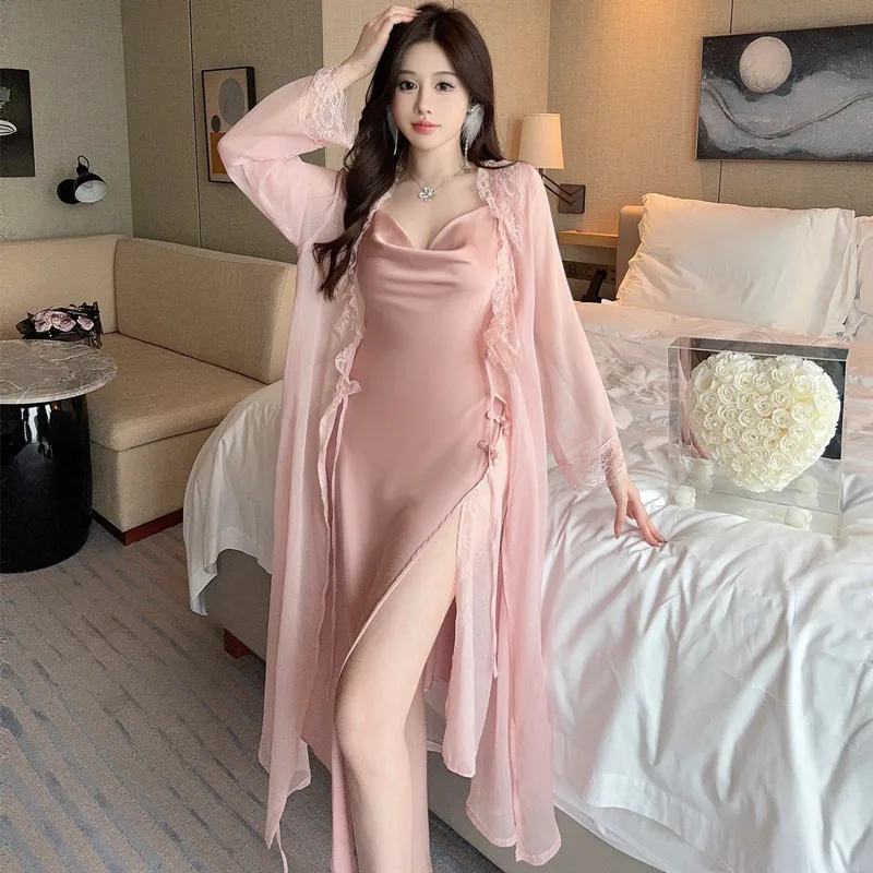 2PCS เสื้อคลุมอาบน้ําชุดสูทฤดูร้อน Silky ซาตินกิโมโนชุดนอนเสื้อผ้าลูกไม้ Robe ชุด Nightgown ผู้หญิง Nightdress Loungewear