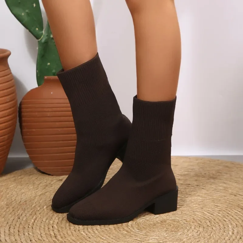 2026 Neue Einfarbige Damen-Strickstiefel bis zur Wadenmitte, Modische Stiefel mit Quadratischem Absatz, Elastische Stiefel für Herbst, Outdoor, Slip-on, Partyschuhe, Größe 43 – Detail 4