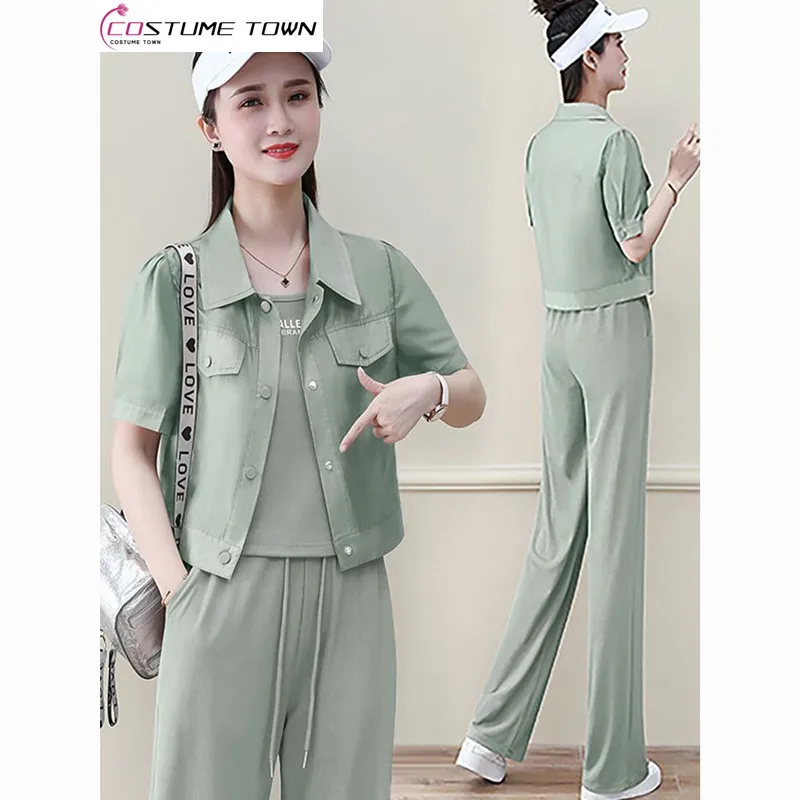 Casual Fashion 2023 Summer New Style Slim Waist Short Sleeve Sportswear Suit Women's Suspender Wide Leg Pants Three Piece Set