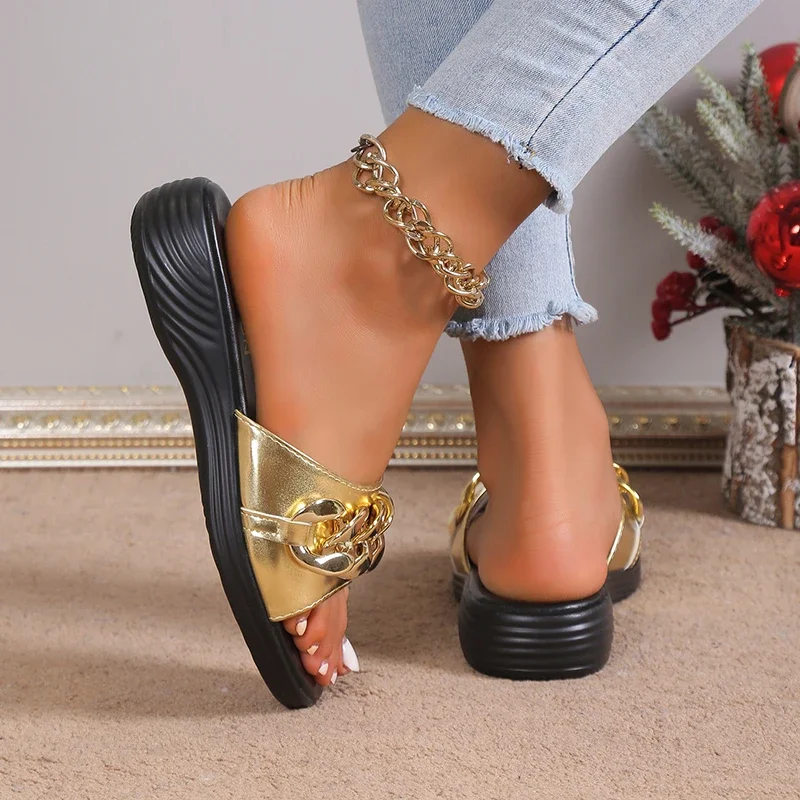 Slippers Chain Decor Summer Beach Muffin Wedges Women Sandals Platform Gladiator Female Shoes Footwear Mujer Graffiti Summer