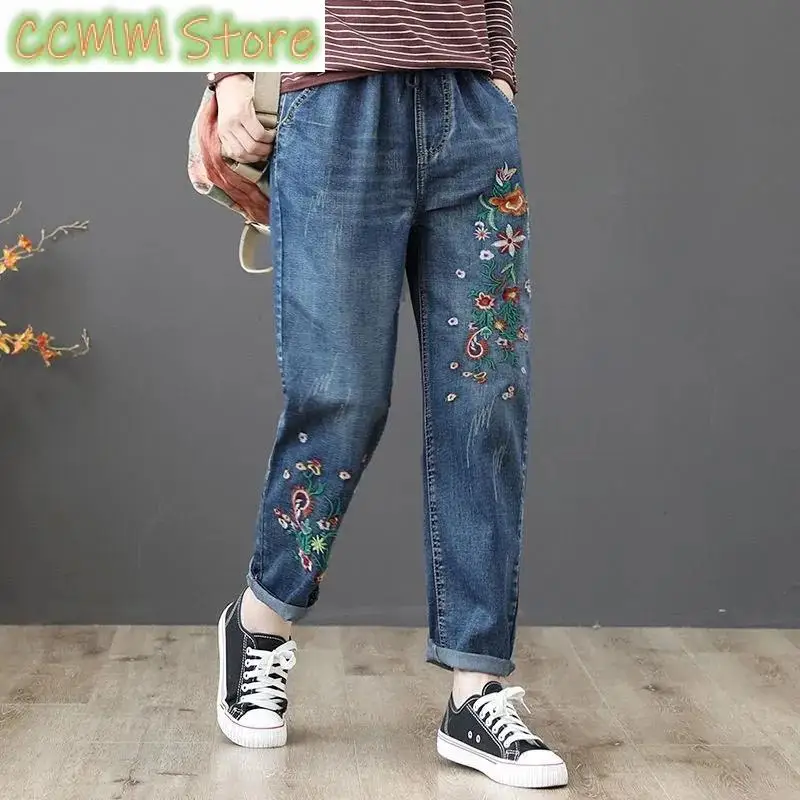 Nieuwe Jeans Vrouw Hoge Taille Lente Zomer Retro Borduurwerk Denim Broek Dames Elastische Taille Harem Broek Losse Jean Femme Broek