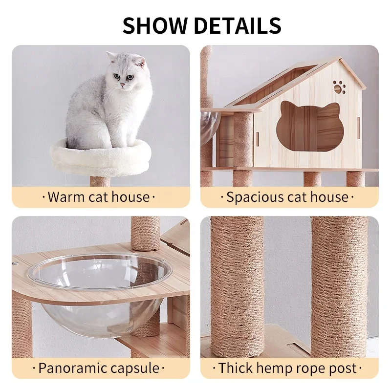 Wooden cats condo indoor pet furniture tower sisal rope scratching posts cat litter cabinet cat tree for large big catss