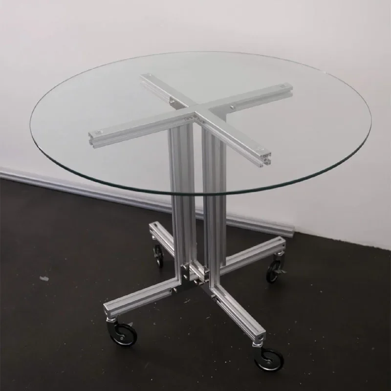 Wheeled tea table Negotiation table Coffee Movable aluminum profile Tempered glass edge few Round