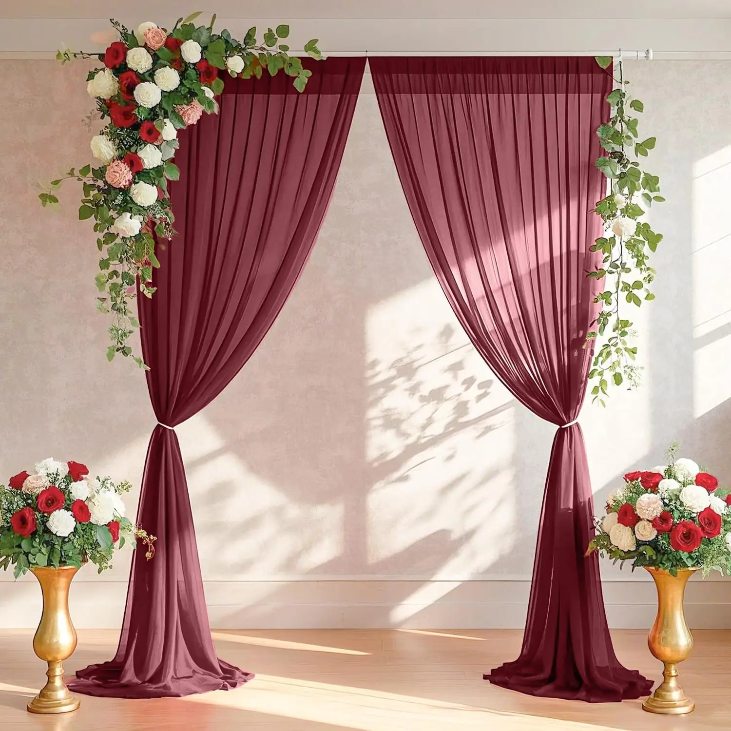 Rideaux d'arrière-plan bordeaux 2 pièces, draperies d'arrière-plan en tissu mousseline de soie transparent pour photographie de scène de cérémonie de fête d'arc de mariage