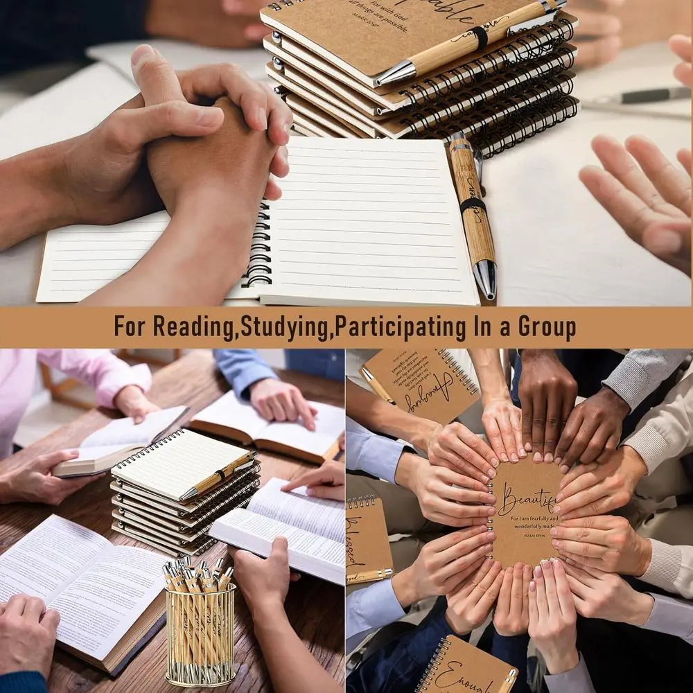 Bulk Christian Gifts: Pastor Ministry Christmas Spiral Notebook & Bamboo Pen with Bible Verses for Church & Sunday School (Brown