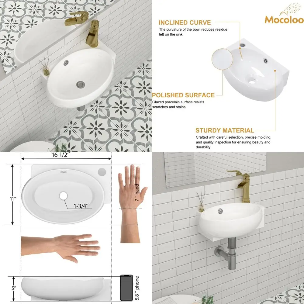 

Corner Floating Bathroom Sink with Faucet Hole, 16 White, ADA Compliant, Ceramic Sink for Right-Angle Wall Mount Installation