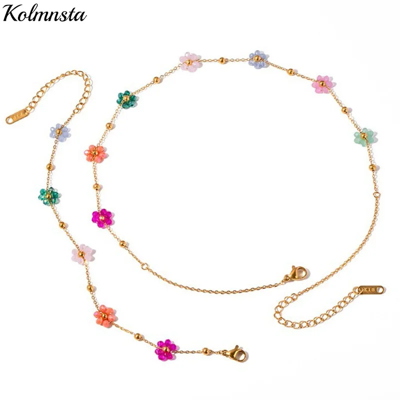 Kolmnsta Exquisite Colorful Flower Chain Necklace Bracelet Set For Women Gold Plated Titanium Steel Daisy Choker Necklace Gift