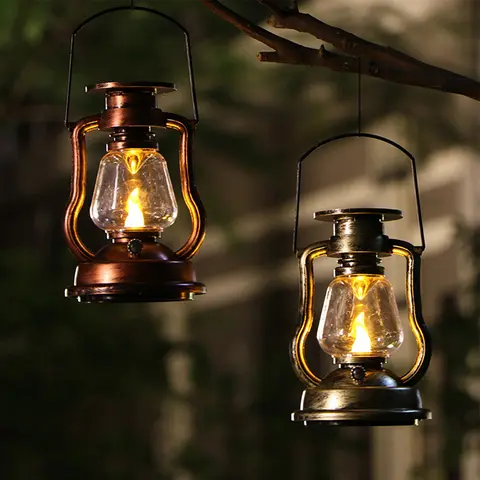Vintage Lantern LED Decorative Solar Light Flickering Flame Hanging Lantern Retro Rustic Kerosene LED Oil Lamp Halloween Decor