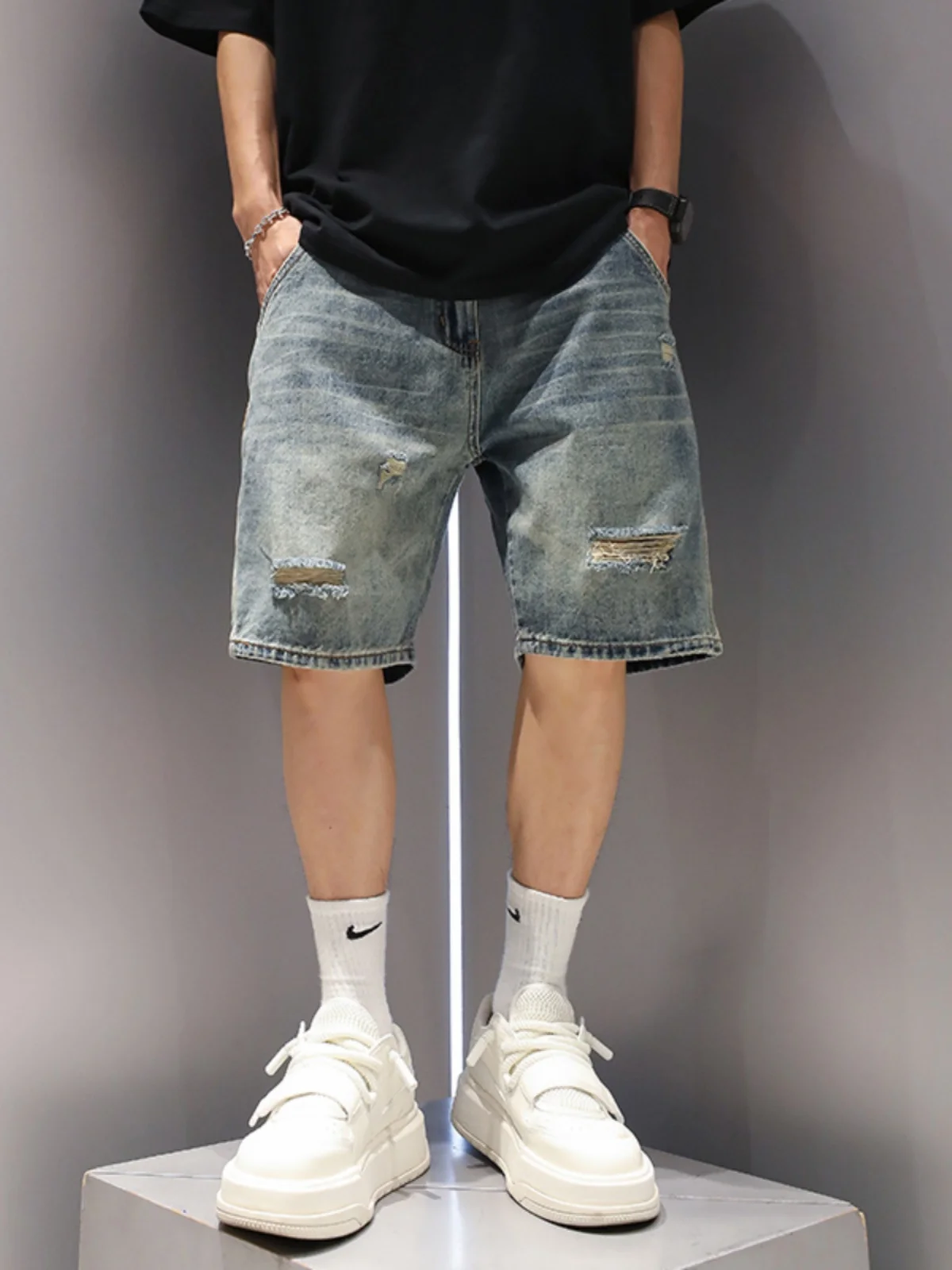 

American Style Large Size Washed Ripped Denim Shorts Men Loose Casual Vintage Heavy Five-Part Summer Mid-Pants Workwear