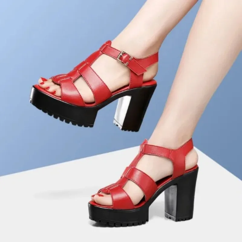 6 8 10cm Small Size 32-43 Elegant Soft Leather Shoes Platform Sandals 2026 Summer Block High Heels Gladiator Sandals Office Mom