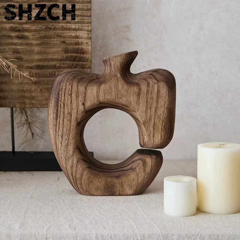 Vintage Wooden Flower Vase for Hotel Minimalist Tabletop Decorative Premium Aesthetic Flower Vessel Rustic Living Room Ornaments