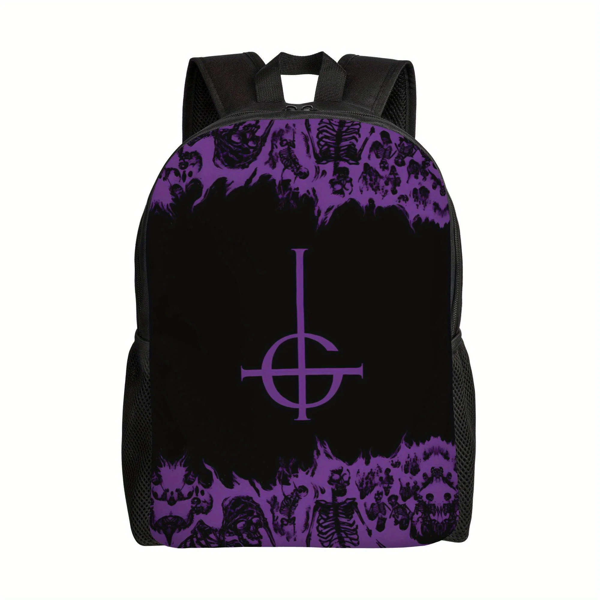 

Men's Gothic Rock Music Backpack, Skull and Bat Print Design - Purple Black Style, High Strength School Bag