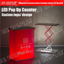 DD High Quality Rectangle LED Automatic Folding Hydraumatic Display Table with Custom Dye Sublimation Printing Pop Up Table