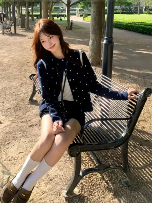 

Корейский вязаный кардиган в горошек Slim Fit, новинка зимы, повседневная одежда, подходит для офиса, с длинными рукавами, круглый вырез, топ