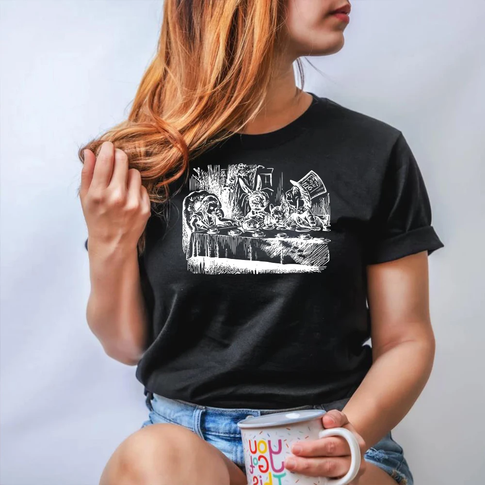 Alice país das maravilhas t camisa chapeleiro louco ilustração do vintage camiseta bonito na moda festa de aniversário camisa mãe tia camiseta casual topos