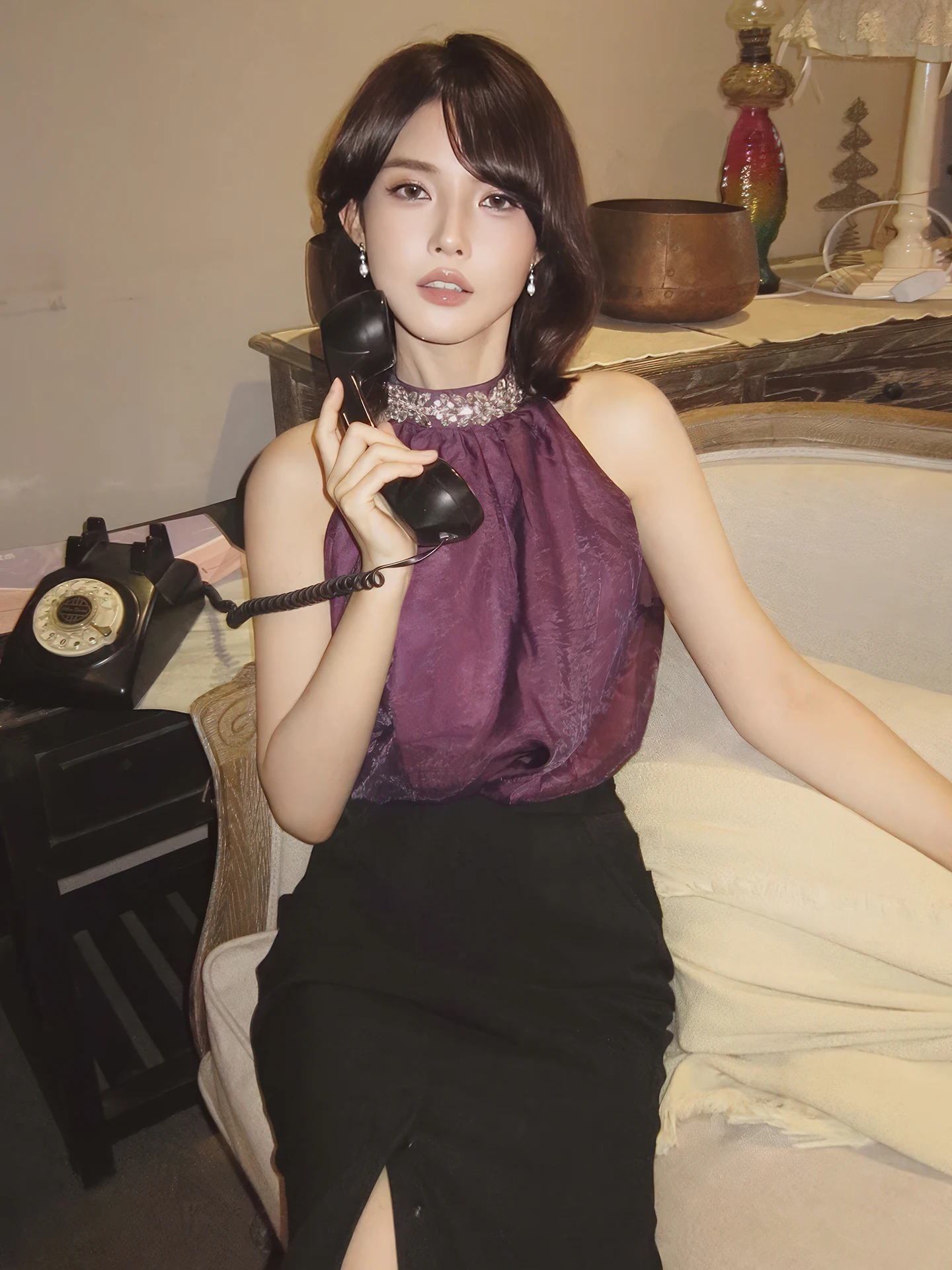 Lila Embellied Diamond Chiffon irt Damen Sommer New Sle Ele Beautiful Svel Top French Sle Loose Fit