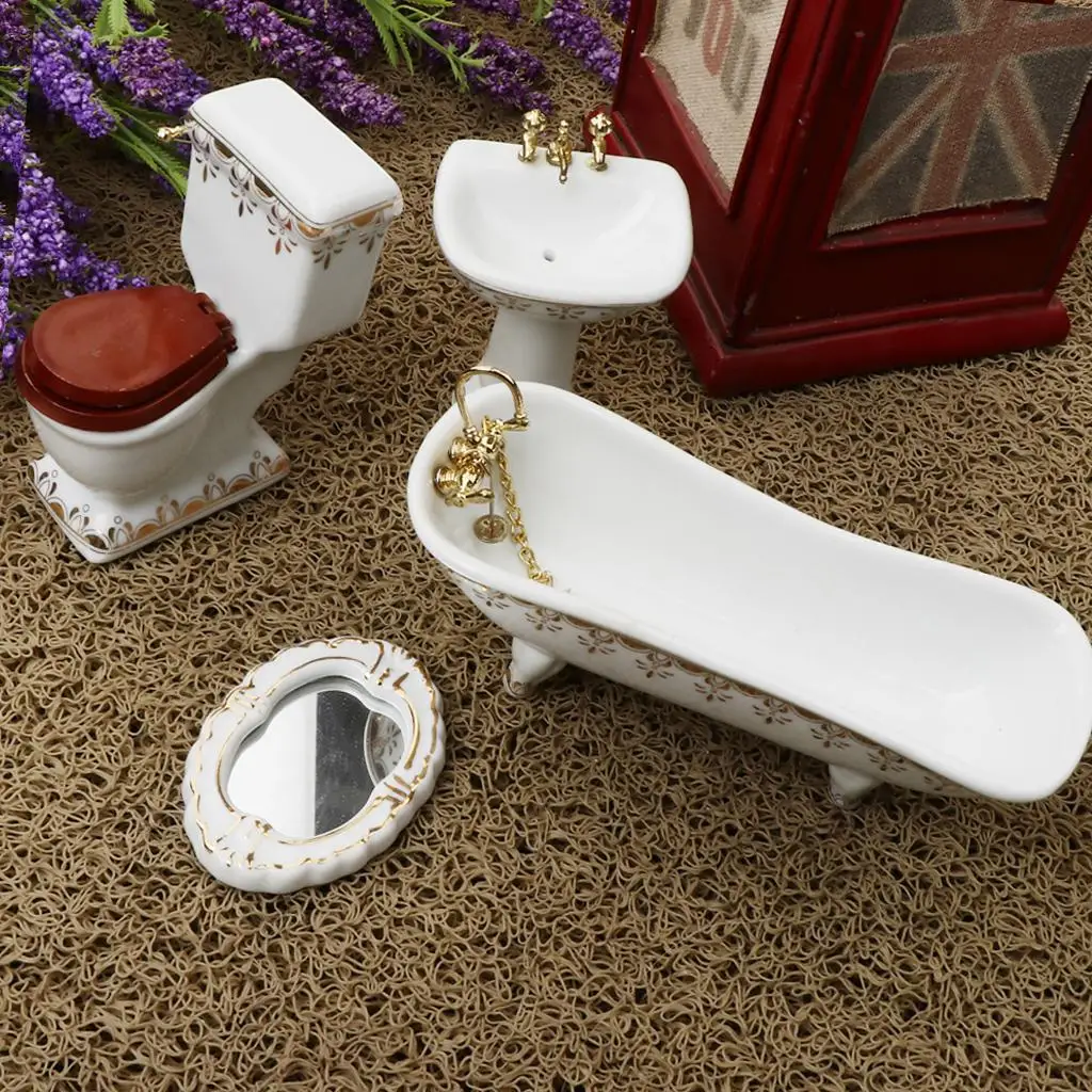 4  Exquisite Workmanship And Beautiful Design Ceramic Bathroom Set /12 Miniature Dollhouse(Include Bathtub Toilet Sink Mirror)