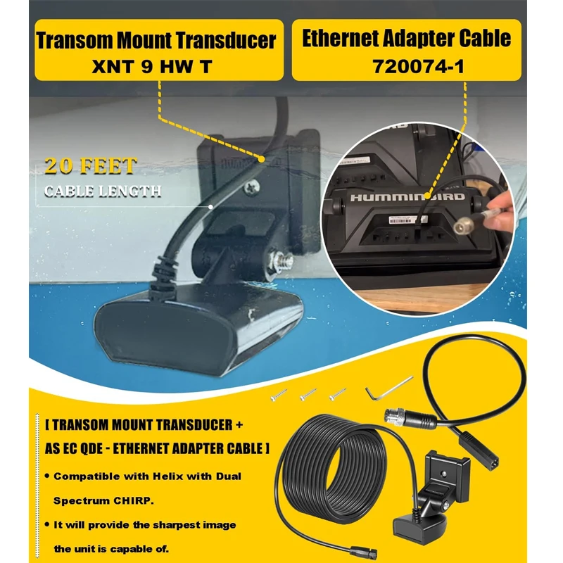Marine 710274-1,XNT-9-HW-T Transom Temperature Transducer & 720074-1 AS EC QDE Ethernet Adapter Cable for Humminbird Helix
