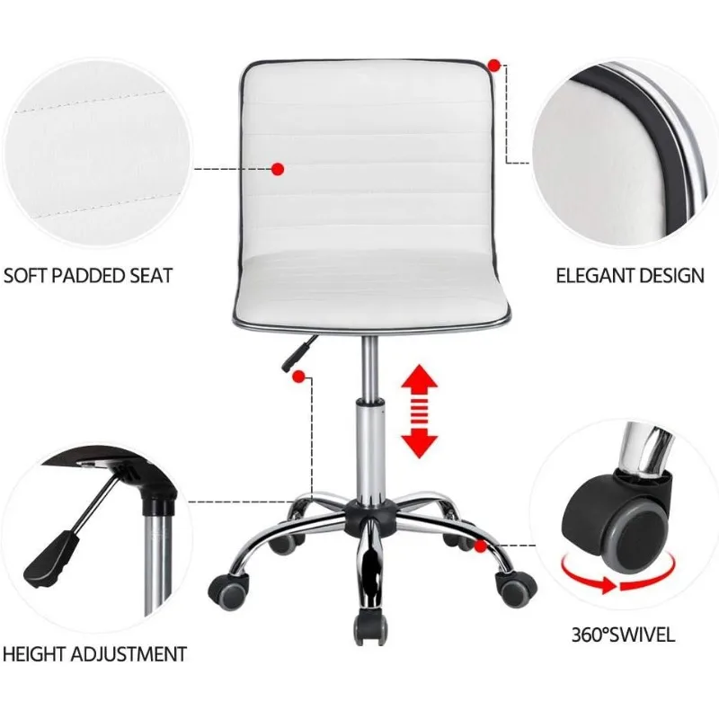 Ensembles de meubles de bureau à domicile, bureau d'étude d'écriture d'angle avec étagère et chaise de bureau sans bras à dossier bas en cuir PU avec roues, blanc