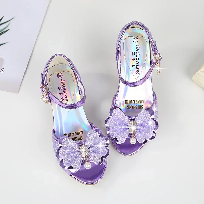 Princess Kids Leather Shoes for Girls Flower Casual Glitter Children High Heel Girls Shoes Butterfly Knot Blue Pink Silver