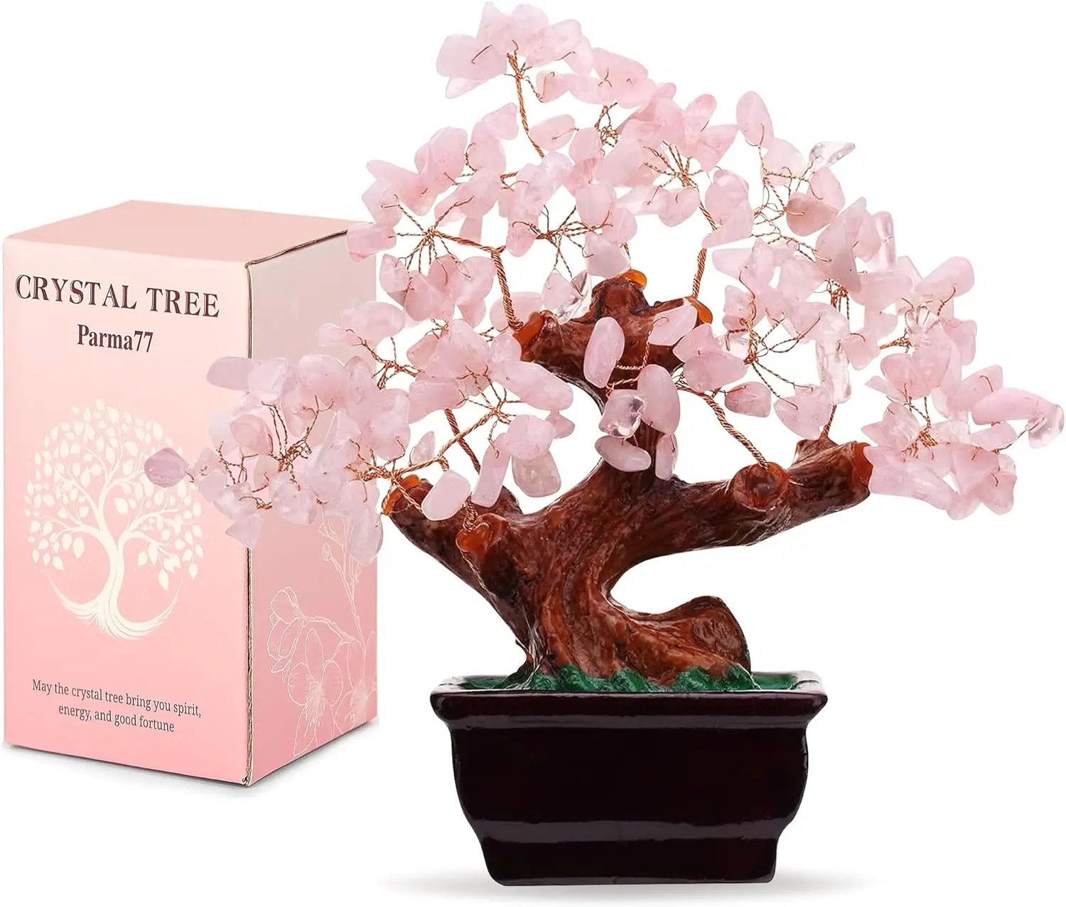 Natural Rose Quartz Crystal Money Tree, Feng Shui Healing Bonsai Decor for Wealth and Luck, Home Office Gift for Women