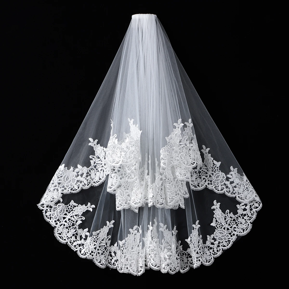 white elegant bride's veil with lace decoration, suitable for women's wedding waist length veils