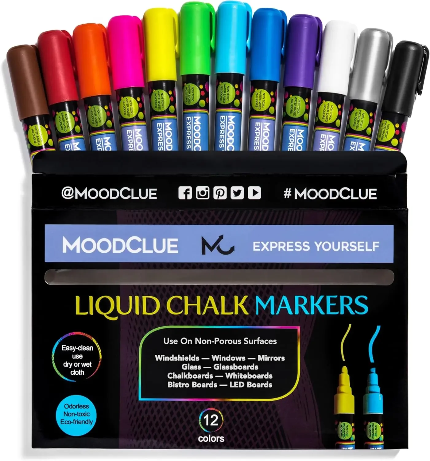 

Neon Liquid Chalk Markers, 12 Pack, Erasable For Whiteboards, Glass, Windows, Mirrors, Odorless Non-Toxic
