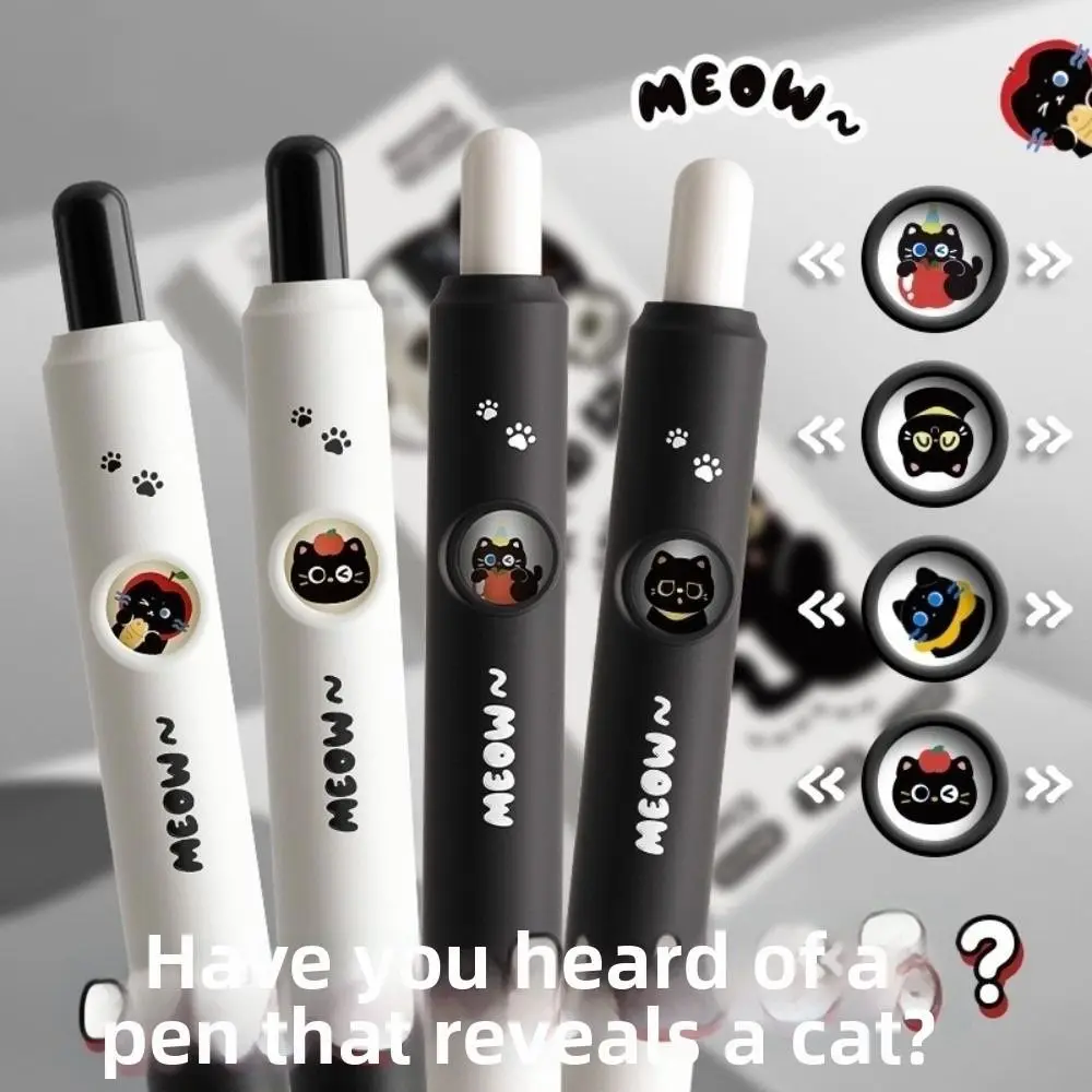 4pcs/Box 0.5mm Black Cat Neutral Pen School Stationery Cartoon Neutral Click Pen Hide-and-seek Daily Use