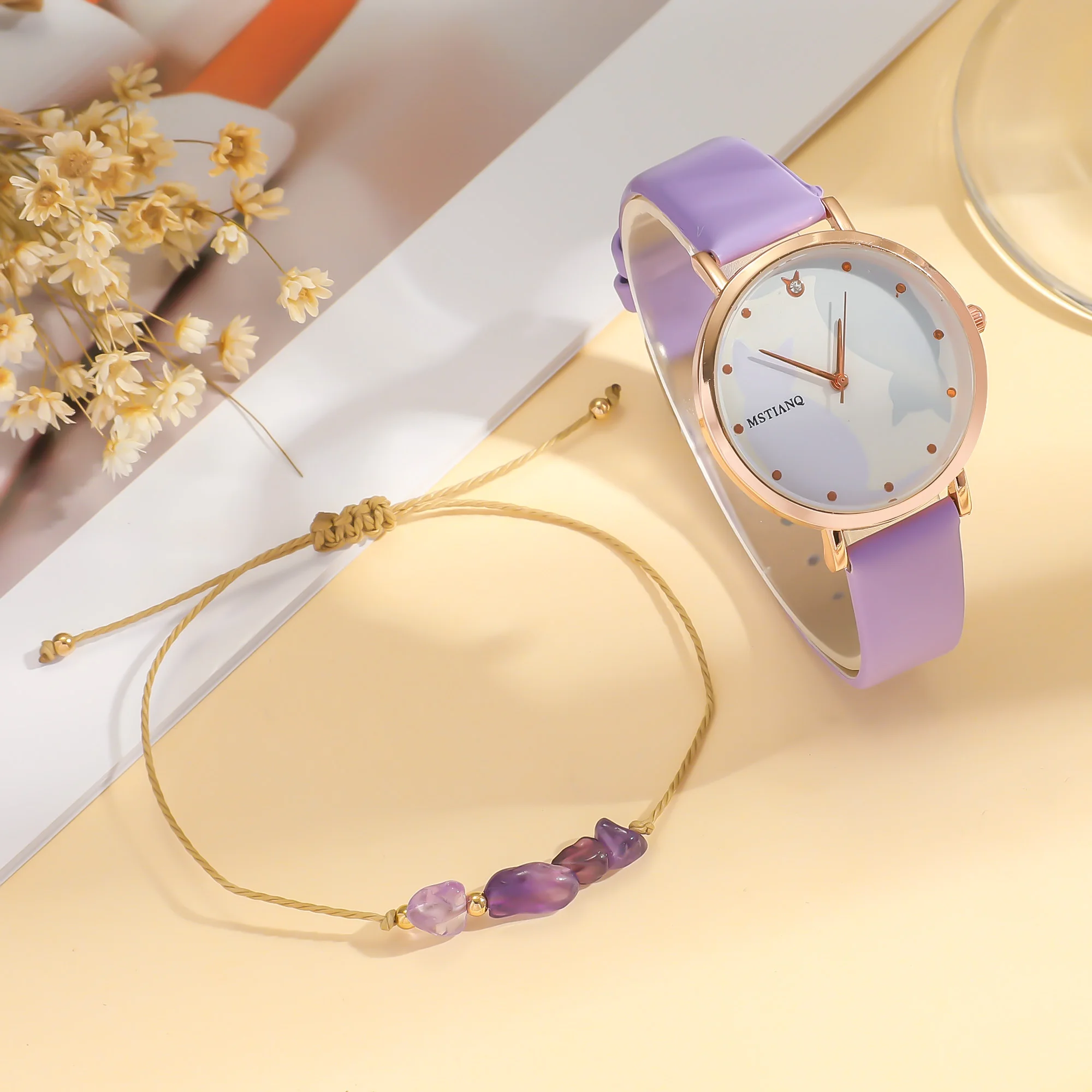 لا يوجد صندوق هدايا؛ ساعة كوارتز بحزام قطة كرتونية لطيفة وسوار من الخرز الكريستالي الأرجواني مكون من قطعتين #3