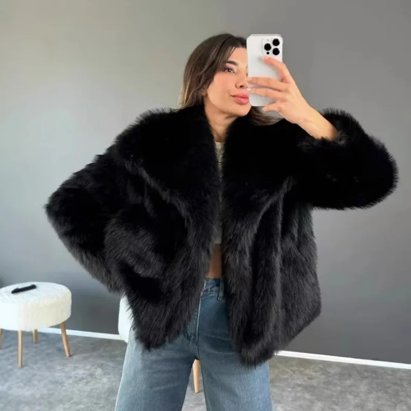 

New Trendy European and American Coat Autumn and Winter Brand Faux Coat Women's Large Lapel Popular Fox Fur Coat Individuality