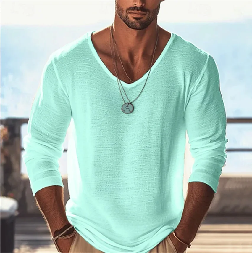 Herren-T-Shirt mit tiefem V-Ausschnitt und langen Ärmeln, locker geschnitten, einfarbig, ideal für den Alltag, das Büro, den Strand, den Urlaub und Freizeitaktivitäten im Freien. – Detail 4