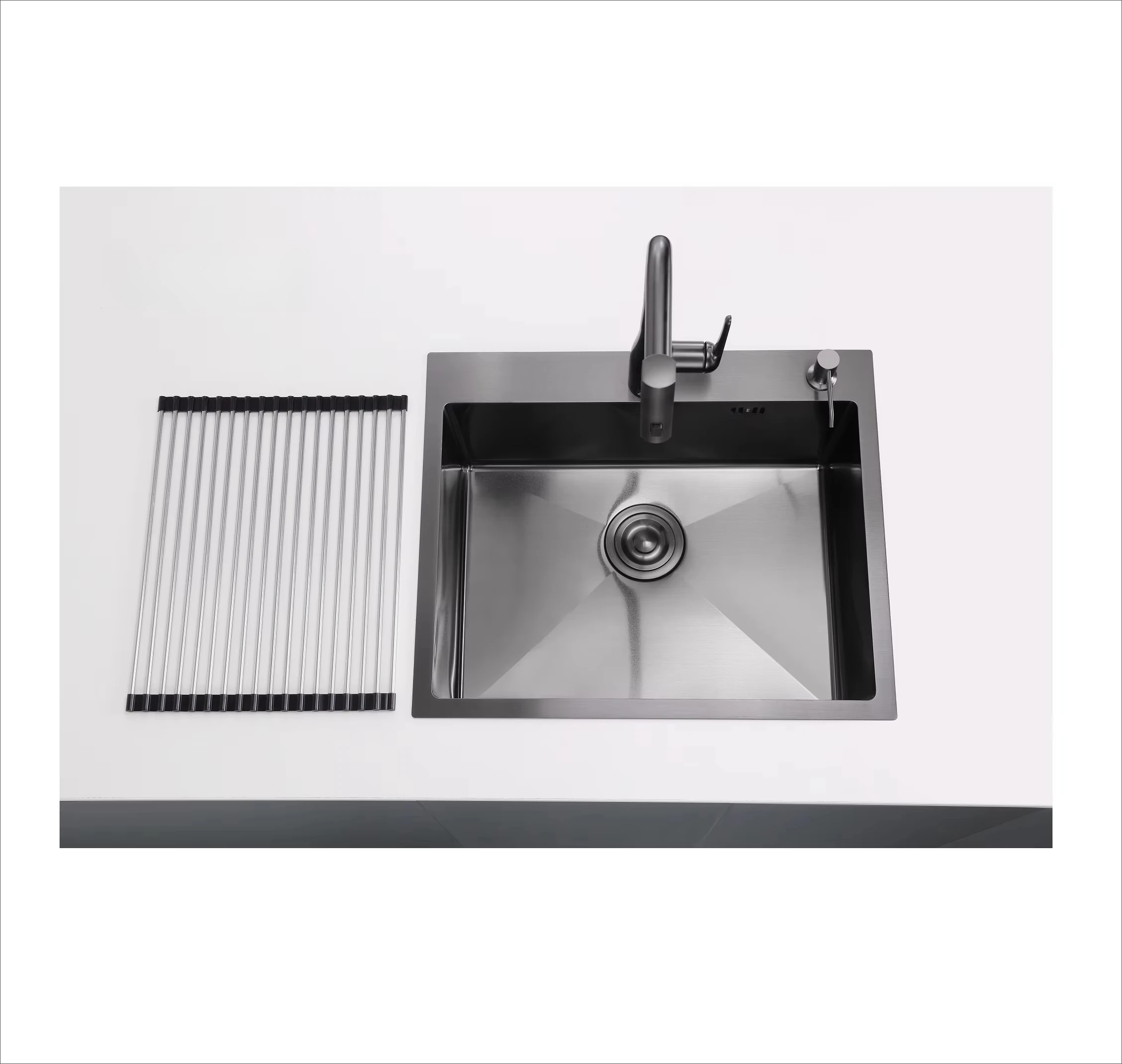 Fregadero de cocina de un solo seno de acero inoxidable negro cepillado, montaje superior
