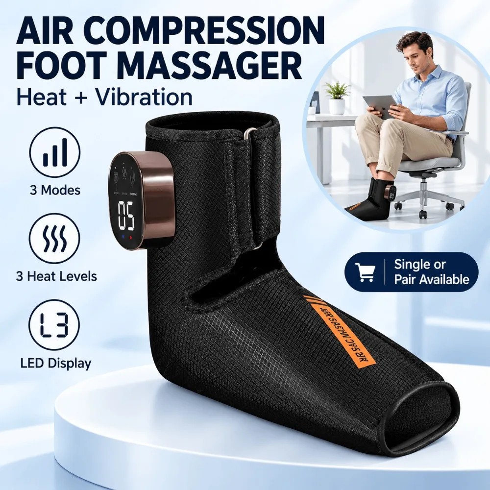 Electric Foot Massager with Heat, Wearable Airbag Compression Ankle Wrap with Vibration and Adjustable Intensity for Tired Feet