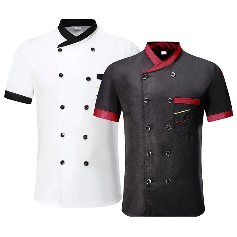 

Casual Unisex Hotel Chef Clothes Shirts Stand Collar Double Button Solid Color Short Sleeve Shirt Tops For Women Men Clothing